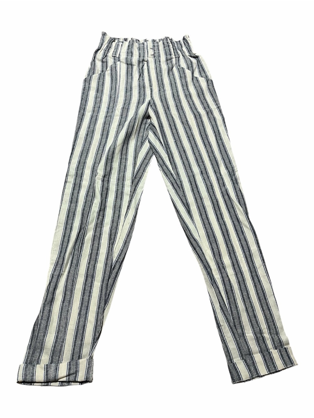 Striped Linen-Blend High Rise Tapered Blue White Casual Pants Size XS Summer